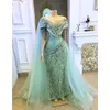 Elegante Menta Verde Bellanaija Vestidos de Noite Sereia Plus Size Lantejoulas com Tule Capa ASO ASO EBI Árabe Africano Promovers