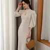 Fashion Stand Collar Puff Sleeve bodycon Dress Female Pencil es Spring Slim Casual Solid color Midi 210529