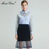 Moda Designer Set Wiosna Damskie Bluzki z długim rękawem Topy + Velvet Patchwork Mesh Spódnica Dwuczęściowy zestaw 210524