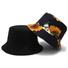 Sunflower Printed Fisherman Hat Women Double Face Sunshade Chic Flat Top Bucket Hats Outdoor Sunscreen Female Basin Cap Wide Brim Elob22