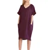 Summer Casual Short Sleeve V Neck Pockets Short Dress Vintage Cotton and Linen Loose Mini Dress Oversized vestidos 210730