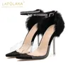 Sandals Lapolaka Summer Sandalias Ankle Strap Thin Heels Cover Heel Transparent Super High Feather Party Club Women Shoes Pumps