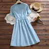 Mori Girl Summer Women Rabbit Embroidery Dress V-neck Drawstring Blue Femininos Vestidos Short Sleeve Elegant 210520