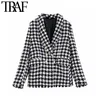 TRAF Femmes Tops Vintage Houndstooth Double Breasted Blazer Manteau De Mode À Manches Longues Garnitures Effilochées Survêtement Chic Veste À Carreaux 211019