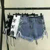 1sexy verão mulheres denim shorts cintura alta rasgada jeans curta femme tassel lace up bandage calça para 210514
