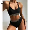 Esporte Bandeau Push Up Bikini Set Crochet Patchwork Swimsuit Mulheres Cintura Alta Cintura Swimwear Praia Sexy Ribbed Banhing Terno Novo Y0820