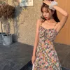 Ins moda sexy backless flor impresión spaghetti correa vestido mujeres verano cintura alta corta playa estilo gasa dama 210515