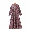 Zoete vrouwen water print chiffon jurk lente mode dames hoge taille land stijl vrouwelijke bloemen verkreukelde jurk 210515