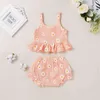 6M-5Y Summer Flower Toddler Baby Kid Girl Clothes Set Buttons Vest Top Ruffles Bow Shorts Bloomers Abiti morbidi 210515