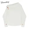 Yitimuceng blanc Blouse femmes à manches longues métal décoration bouton Up chemises droite printemps mode biais col hauts 210601