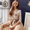 Dabuwawa Apliques Vintage Listrado Blusa Mulheres Três Quartos Luva Laço Cama Camisas Escritório Senhora Primavera Outono Do1ast028 210520