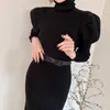 Günlük Elbiseler Kış Balıkçı Yaka Örme Elbise Kadın Puf Tam Kollu Siyah Kazak Vintage Sonbahar Bölünmüş Vestidos Kemer Ile