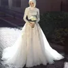 Vestido de Noiva Musilm Suknie ślubne Eleganckie Długie Rękawy Wysokiej Neck Muzułmanin Ruched Aplikacja Tulle Zipper Back Lace Islamskie Sweep Pociąg Suknie Ślubne