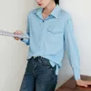 Summer One Pocket Blue Korean Style Blouse Shirts Chic Single Breasted Female Work Wear Blouses Office Lady 210428