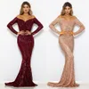 Elegant Slash Neck Sequined Maxi Dress Off the Shoulder Gold Navy Green Sequin Long Dress Floor Length Party Dress Gown 210719