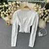 Spring Lace Bottoming Shirt Kvinnors temperament V-nacke Slim Short Blouse Elastic Waist Tun Puff Sleeve Blusa C268 210507