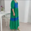 Kontrast Renk Dersler kadın Yaz Kare Boyun Gevşek Puf Kısa Kollu Yeşil Orta Buzağı Elbiseler Kadın 5C893 210427