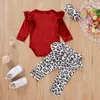 0-24 м Милая рожденная младенческая девочка рождественские одежды набор бархат красный с длинным рукавом ползунки оборками леопардовые штаны наряды 210515