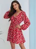 Floral Print Long Sleeve V-neck Women Dress Autumn Fashion Waist Fold Mini Sweet Cute Lantern Black Red Sundress 210522