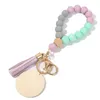 Engrave Wooden Chip Keychain Party Silicone Beaded Bangle Keyring Wood Beads Bracelet Key Ring Women Jewelry Crafts Gift LLB13378