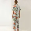 Satin Pajamas with Leaf Printed Cool Summer Short-Sleeved Long Pants Lace-up Cardigan Sleep Tops V-neck Women 210901