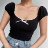カジュアルTシャツ女性夏の泡シャツ韓国のニットクロップティービンテージスクエアネックトップリブレースボウトップ210709