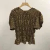 Fashion Puff Short Sleeve Leopard Blus Kvinnor Sommar Sommar Slank Midja Kvinna Toppar Chic Folds Design Blusas Mujer 210514