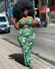 Neon Green Printed Sexy Two Piece Set For Women XL-4XL Crop Top Tee And Wide Leg Pants Trousers Wholesale Plus Size Clothing 210525