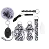 9-teiliges Verteidigungs-Schlüsselanhänger-Set, inklusive Alarm, Pompon, Handdesinfektionsmittel, Handgelenkschlaufe, Lippenstift-Schlüsselanhänger, Pfeife, Öffner, 30 ml leere Flasche für Frauen, Selbstverteidigungs-Schlüsselanhänger