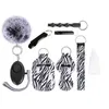 9 PCS Defense Key Rings ، تشمل الإنذار ، Pompom ، مطهر يدوي ، حزام معصم ، مفاتيح أحمر الشفاه ، صافرة ، فتاحة ، زجاجة فارغة 30 مل للدفاع عن النفس للدفاع عن النفس