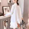 PERHAPS U White Black Mandarin Collar Button Dress Long Sleeve Solid Pleated Short Mini Dress Asymmetrical D1350 210529