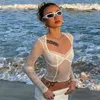 Kvinnor Sommar Mesh See Through Lace Trim Sexiga Svart T-shirts Långärmad Patchwork Clubwear Solid Beach Vacation Clothes 210517