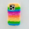 Rainbow Bling Diamond Fluffy Fur Phone Telefoonhoesjes voor iPhone 14 13 Pro Max 12 Mini 11 X XS XR 8 7 6 Plus iPhone13 Girl Soft TPU Leuk echt Konijnen Haar pluche fuzzy modehoes