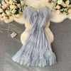 Korobov Korean Summer New Sequined Mesh Dress Ruffles O Neck Sweet Vestidos Femme Lacing Bow Bling Dresses 210430