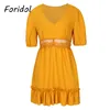 Crochet Solid Yellow Summer Dress Women Casul Half Sleeve Short Beach Sundress V Neck Ruffle Clothing 210427