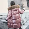 Ficusrong Causal Glossy Silver Down Jackor Vinter Kvinnors Lång Fur Krage Hooded Coat Parkas Tjock Jacka Kvinnor Outwear 211018