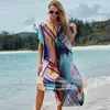 Sneldrogend bikini Cover-ups Boheemse print V-hals Zomerjurk Strand Tuniek Vrouwen Beachwear Kaftan Badpak Cover Up 210319