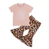 1-6Y Sommer Kind Kind Mädchen Kleidung Set Brief Kurzarm T-shirt Leopard Flare Hosen Outfits Kleidung Kostüme 210515