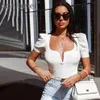 Puff Sleeve Sexy Bodysuit Women V Neck Black white Summer Ladies Bodycon Overalls 210604