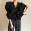 Herbst Koreanische Vintage Rüschen Blusen Shirts Frauen Langarm V-ausschnitt Mode Elegante Tops Tuniken Weibliche Solide Damen Blusa 210513