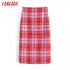 Tangada Femmes Rouge Plaid Plissé Midi Jupe Faldas Mujer Vintage Side Zipper Bureau Dames Élégant Chic Mi-mollet Jupes QN80 210609