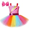 Jojo Siwa Tutu Dress with Hair Bow Rainbow Girls Princess Dress Kids Tutu Dresses Girls Holiday Birthday Party Costume Gifts G1215
