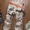 Herr Khaki Dragon Tiger Tryckt Jeans Fashion Slim Fit Rak Male Byxor