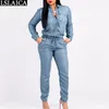 Women jumpsuit blue denim fabric long sleeve decorated jumpsuits for women slim elegant casual office bodysuit 210520