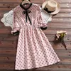 Niebieski Różowy Polka Dot Drukowane Kawaii Słodka Sukienka Jesień Kobieta Vintage Vestidos Kobiety Stojak Kołnierz Ruffles Długie Rękaw Suknie 210520