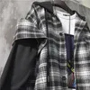 ファッション秋のフード付き襟の格子縞のステッチスウェットの男性日本の巾着緩いカジュアルパーカー9A145 210819