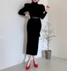 Günlük Elbiseler Kış Balıkçı Yaka Örme Elbise Kadın Puf Tam Kollu Siyah Kazak Vintage Sonbahar Bölünmüş Vestidos Kemer Ile