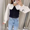 Women Elegant Patchwork Shirt Tops Casual Blouse Ladies Chic Navy Collar Single Breasted Laminated Decoration Sleeve 210521