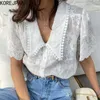 KOREJPAA Camisa Mulheres Corean Chic Verão Moda Cor Sólida Gentil Ponthed Colarinho Colares Crochet Bubble Sleeve Blouse Top 210526