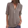 Summer Women Chiffon Blouses Elegant V Neck Roll Up Long Sleeve Zipper Tunic Tops Casual Loose Blue Shirts Female 5XL Plus Size 210326